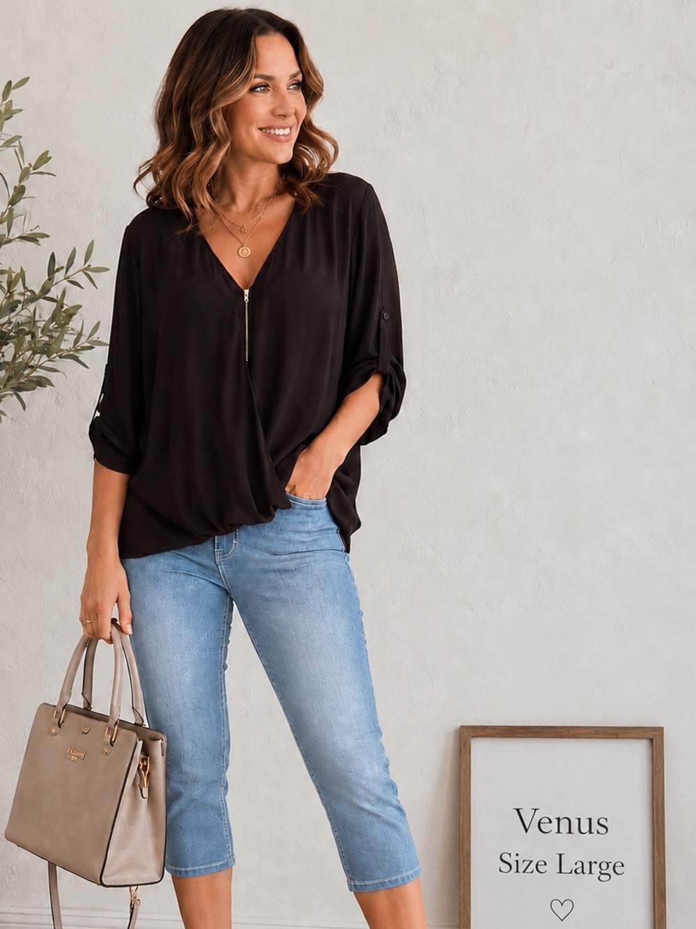 🖤✨ VENUS Black Zip Front Surplice Blouse Size Large | Roll Tab Sleeve Top